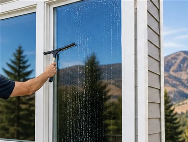 A squeegee cleaning water from exterior window glass